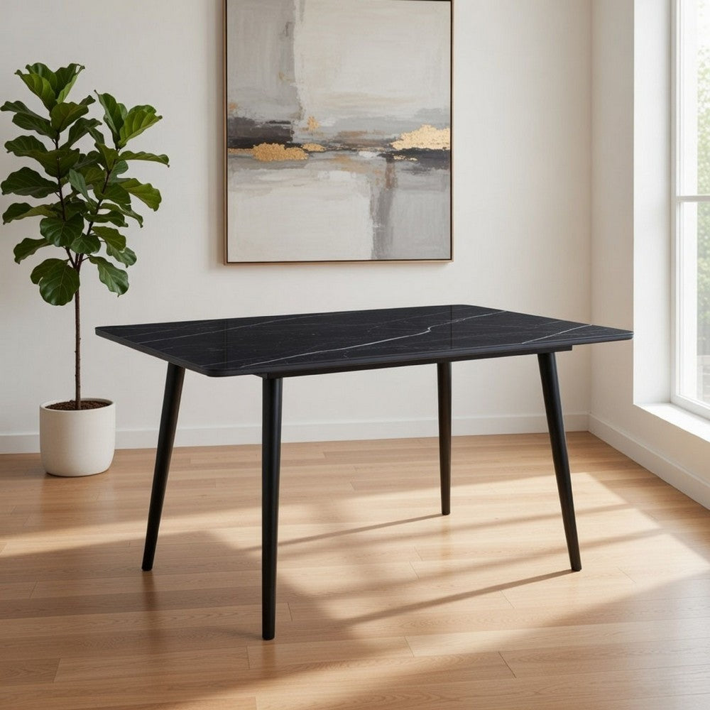 Aikya 60 Inch Dining Table, Black Sintered Stone, Tapered Metal Legs - BM316791