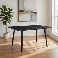 Aikya 60 Inch Dining Table, Black Sintered Stone, Tapered Metal Legs - BM316791