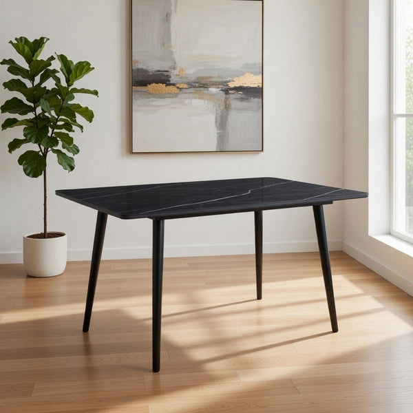 Aikya 60 Inch Dining Table, Black Sintered Stone, Tapered Metal Legs - BM316791