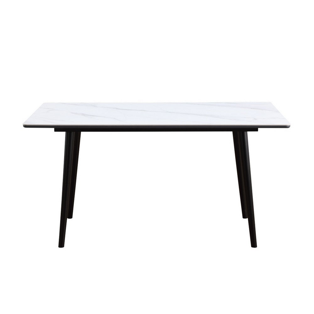 Aikya 60 Inch Dining Table, White Sintered Stone, Tapered Metal Legs - BM316792