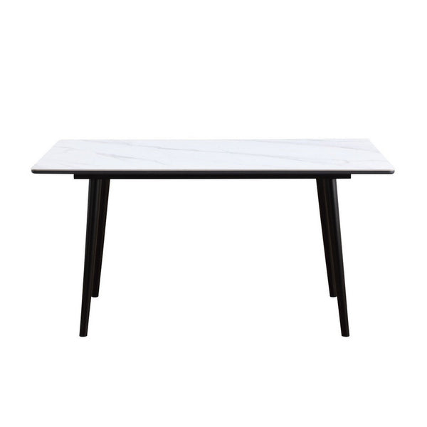 Aikya 60 Inch Dining Table, White Sintered Stone, Tapered Metal Legs - BM316792