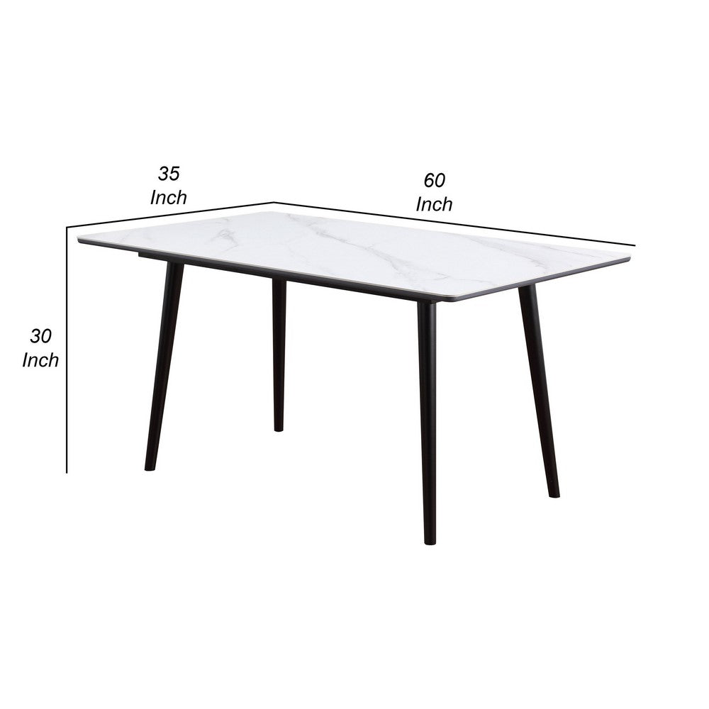 Aikya 60 Inch Dining Table, White Sintered Stone, Tapered Metal Legs - BM316792