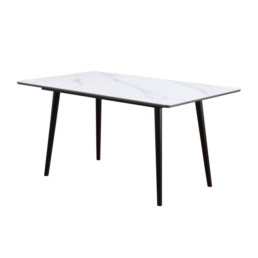 Aikya 60 Inch Dining Table, White Sintered Stone, Tapered Metal Legs - BM316792