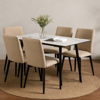 Aikya 60 Inch Dining Table, White Sintered Stone, Tapered Metal Legs - BM316792