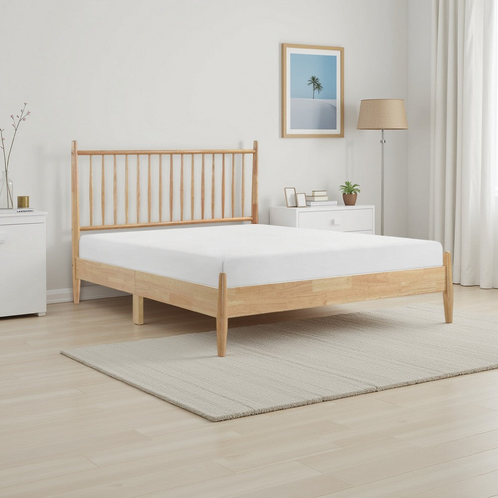 Lika Full Platform Bed, Vertical Slatted Headboard, Natural Brown Wood - BM316804