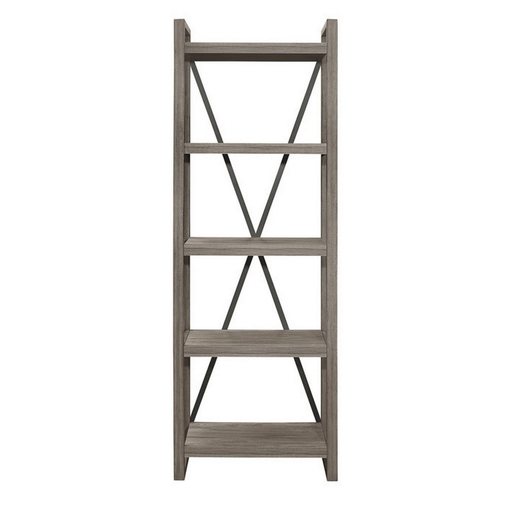 Rie 77 Inch Bookshelf, 4 Tiers , Metal X Shaped Support, Rustic Gray Wood - BM316810