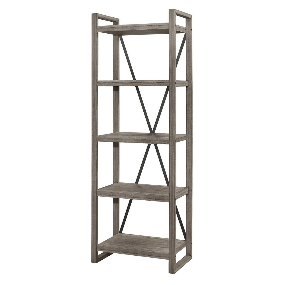 Rie 77 Inch Bookshelf, 4 Tiers , Metal X Shaped Support, Rustic Gray Wood - BM316810