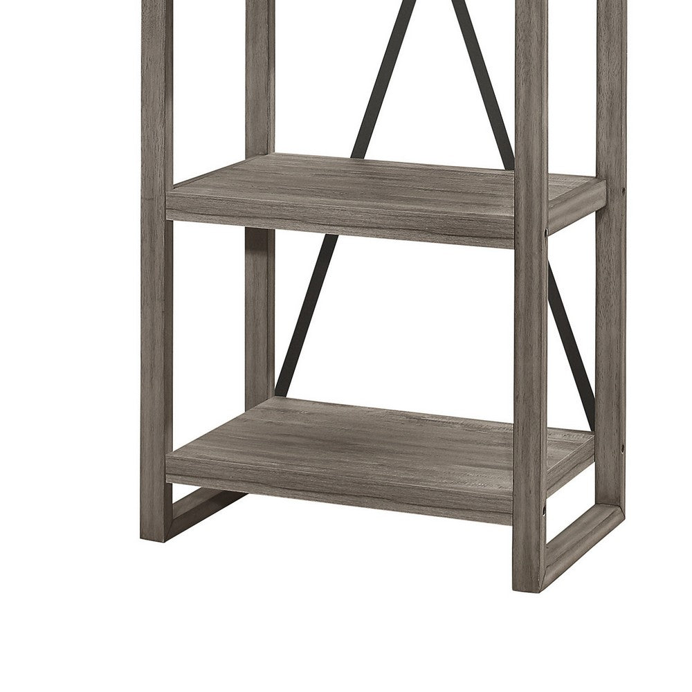 Rie 77 Inch Bookshelf, 4 Tiers , Metal X Shaped Support, Rustic Gray Wood - BM316810