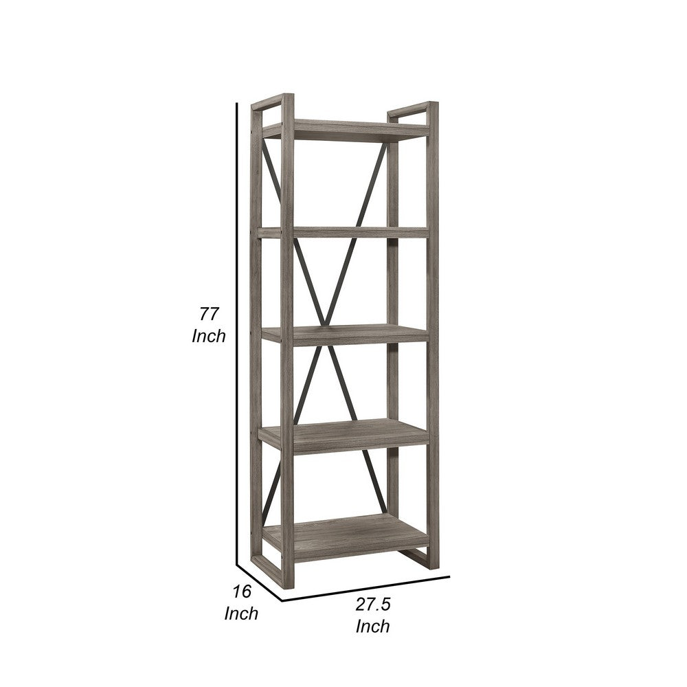 Rie 77 Inch Bookshelf, 4 Tiers , Metal X Shaped Support, Rustic Gray Wood - BM316810