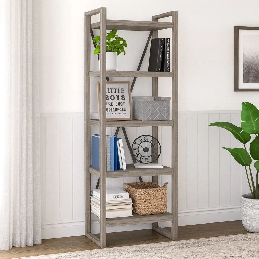 Rie 77 Inch Bookshelf, 4 Tiers , Metal X Shaped Support, Rustic Gray Wood - BM316810