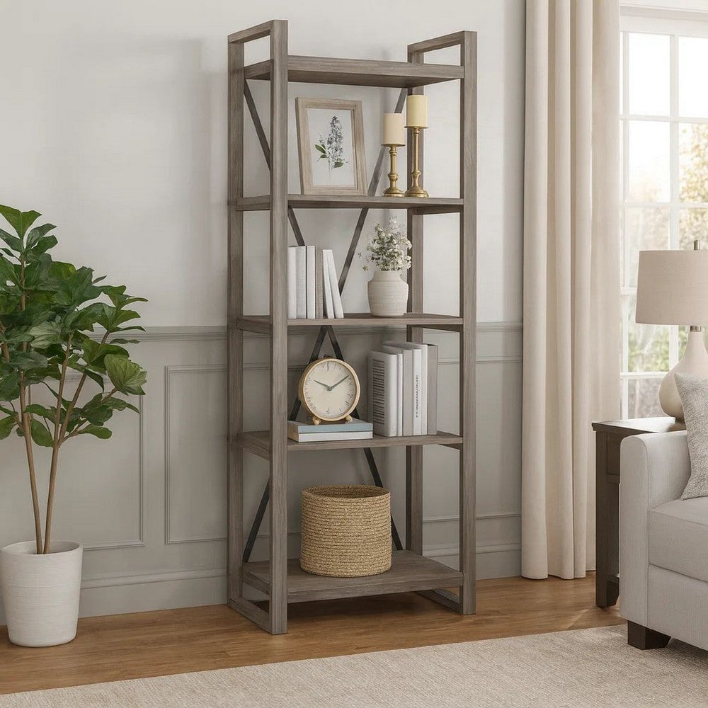 Rie 77 Inch Bookshelf, 4 Tiers , Metal X Shaped Support, Rustic Gray Wood - BM316810