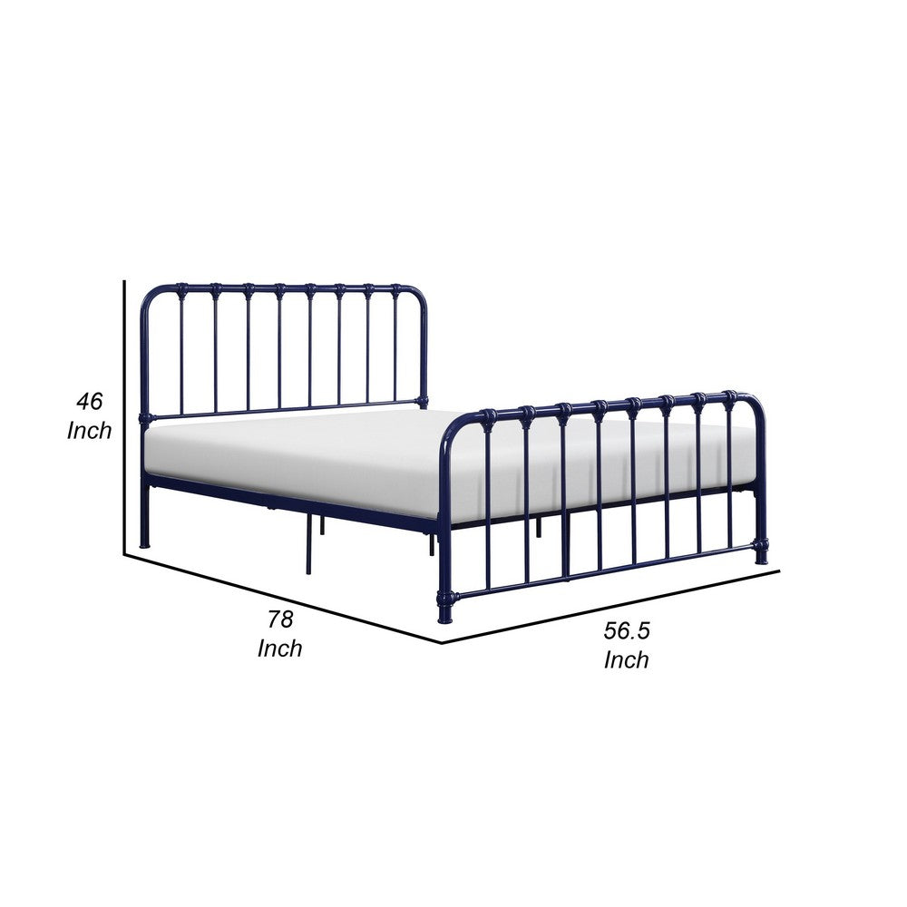 Ethan Full Size Metal Bed, Blue Spindle Design, Heavy Duty Slat Support - BM316823