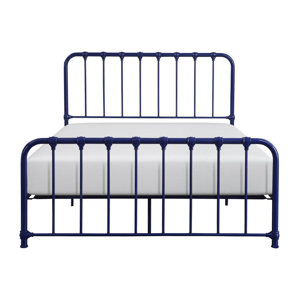 Ethan Twin Size Metal Bed, Blue Spindle Design, Heavy Duty Slat Support - BM316824