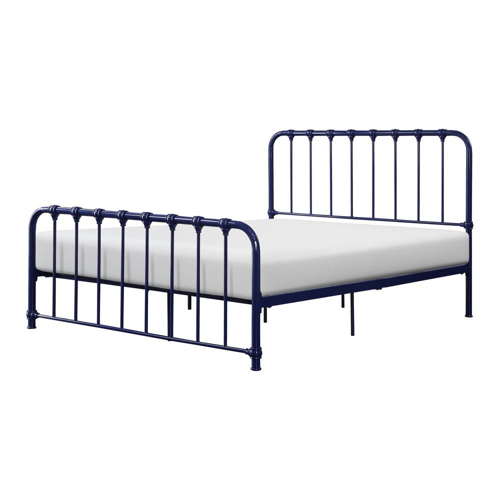 Ethan Twin Size Metal Bed, Blue Spindle Design, Heavy Duty Slat Support - BM316824