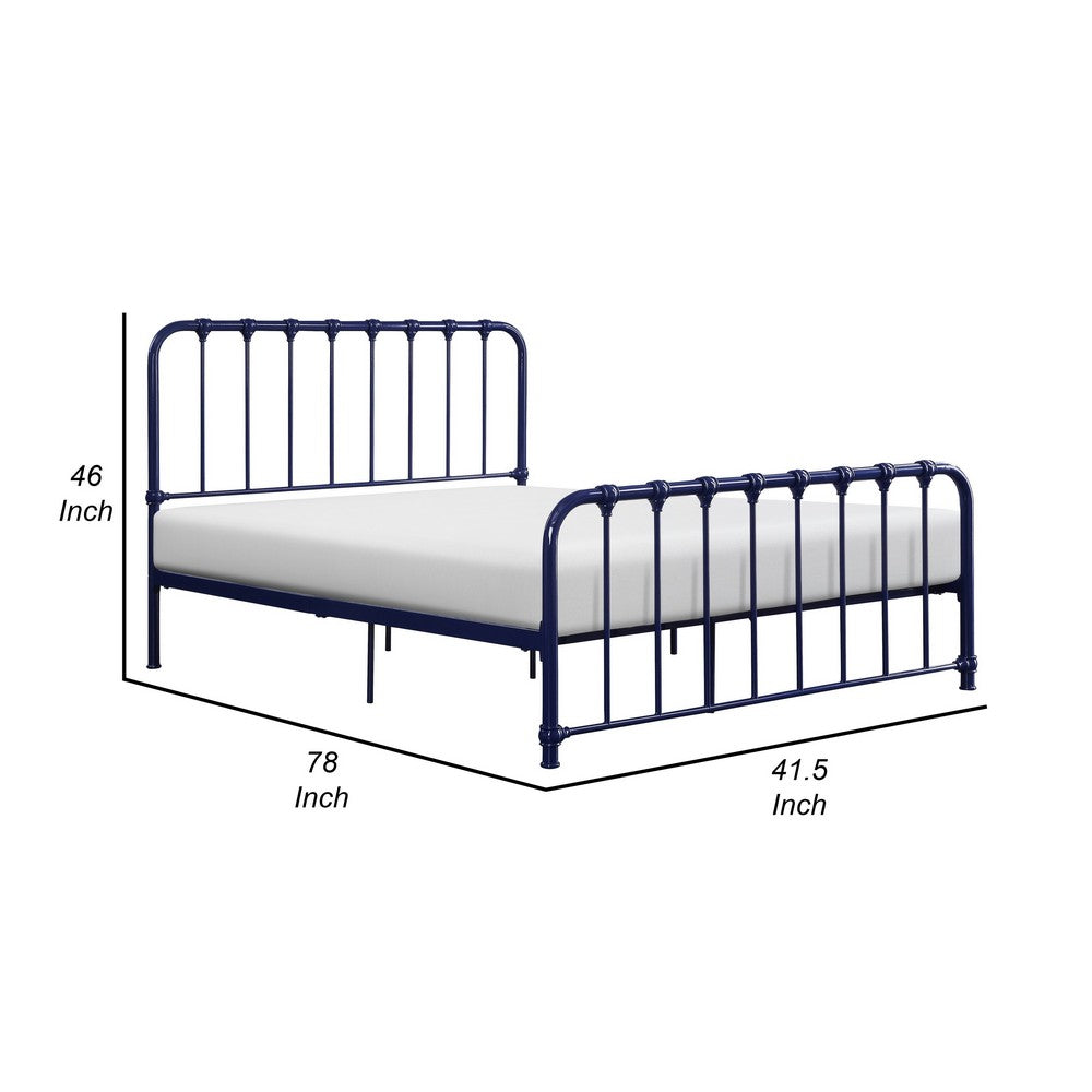 Ethan Twin Size Metal Bed, Blue Spindle Design, Heavy Duty Slat Support - BM316824