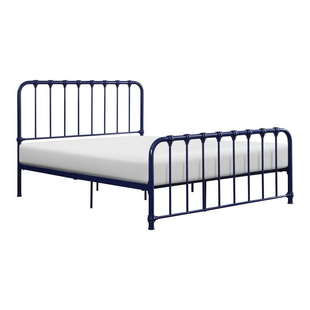 Ethan Twin Size Metal Bed, Blue Spindle Design, Heavy Duty Slat Support - BM316824