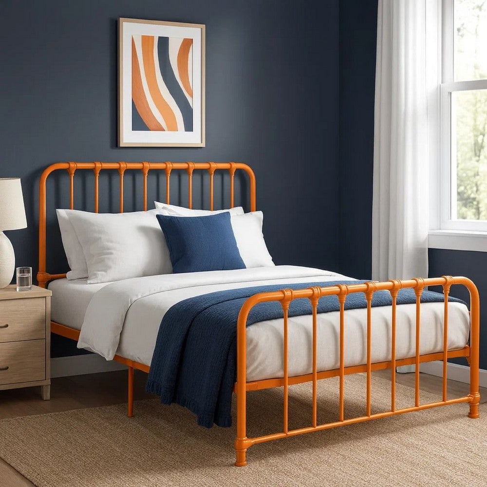 Ethan Full Size Metal Bed, Orange Spindle Design, Heavy Duty Slat Support - BM316827