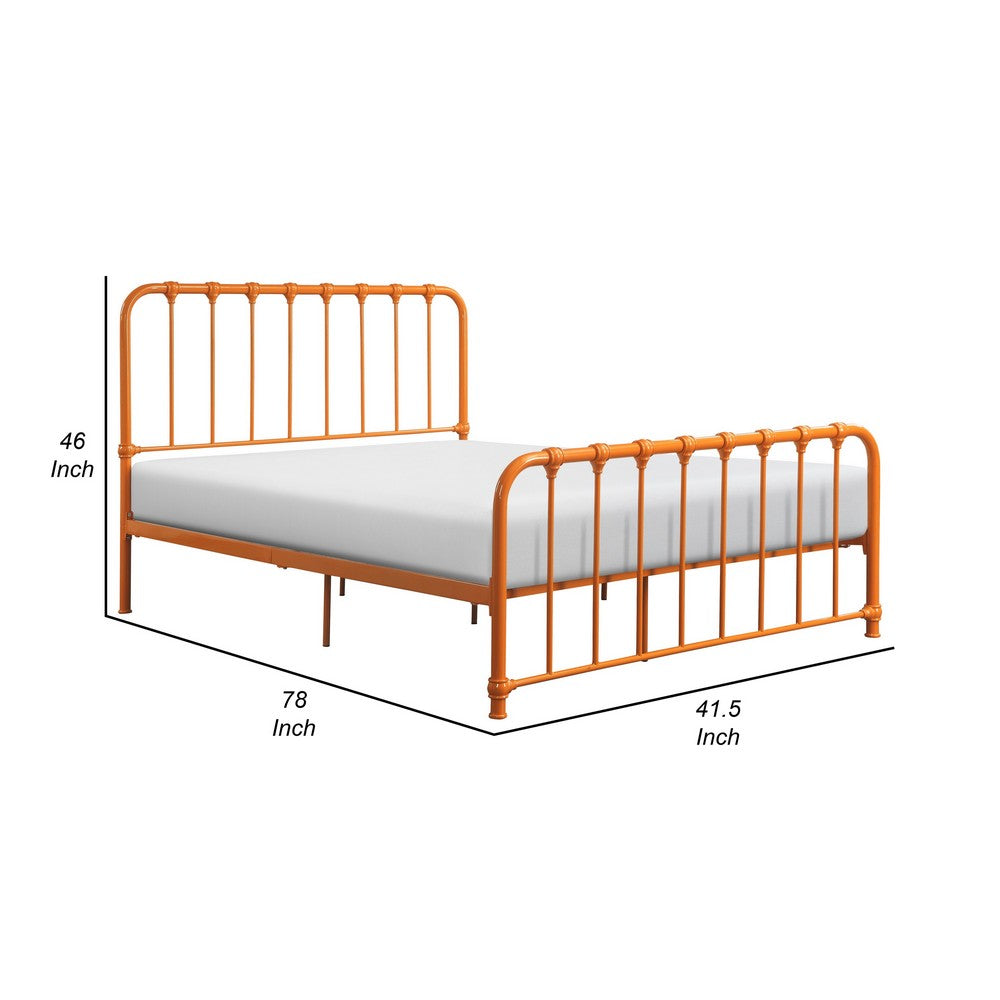 Ethan Twin Size Metal Bed, Orange Spindle Design, Heavy Duty Slat Support - BM316828