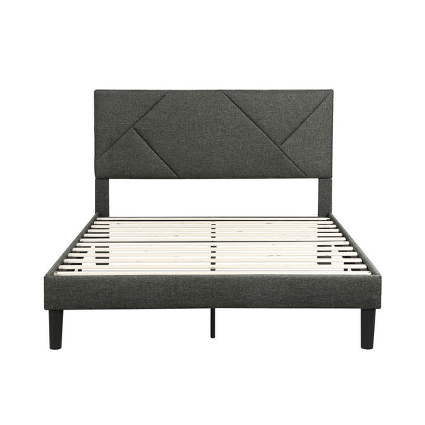 Heny Full Platform Bed, Wood, Panel Headboard, Gray Polyester Upholstery - BM316833