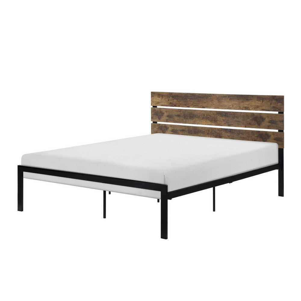 Mars Full Platform Bed, Brown Faux Wood Slat Headboard, Black Metal Frame - BM316834