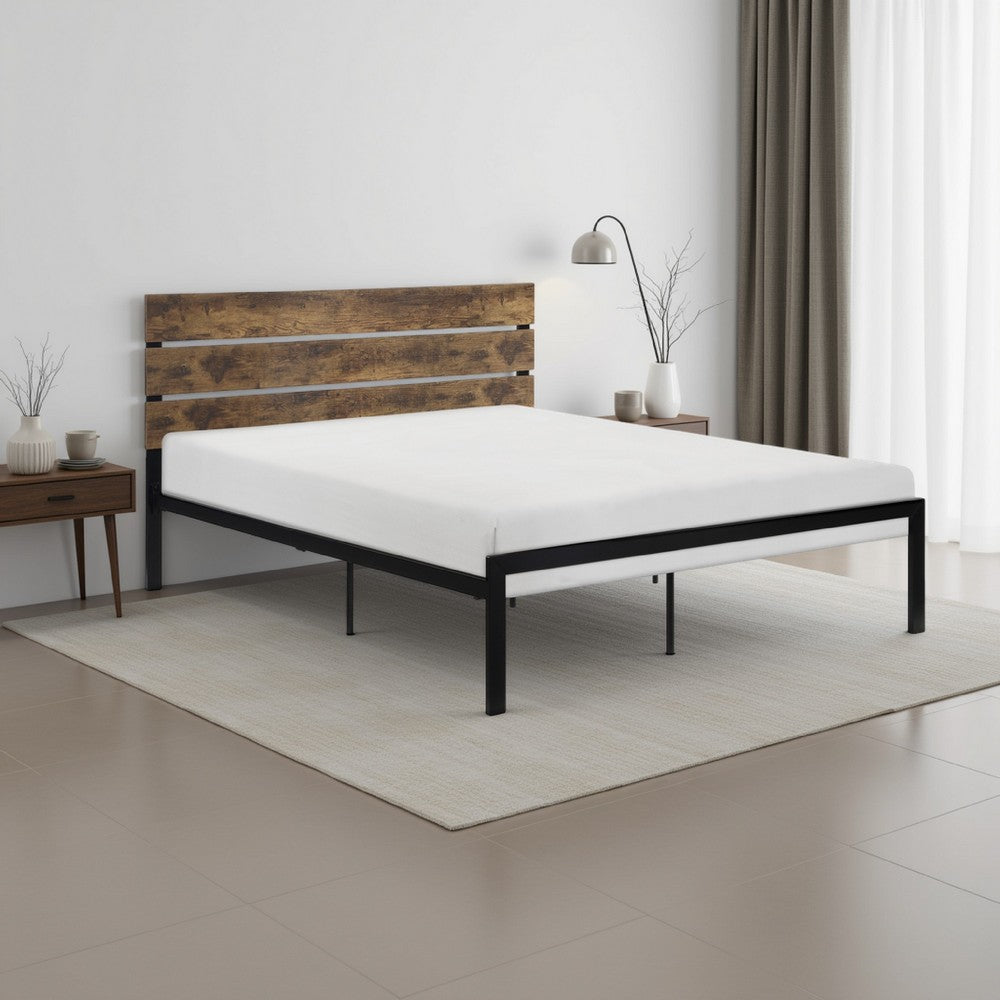 Mars Twin Platform Bed, Brown Faux Wood Slat Headboard, Black Metal Frame - BM316835