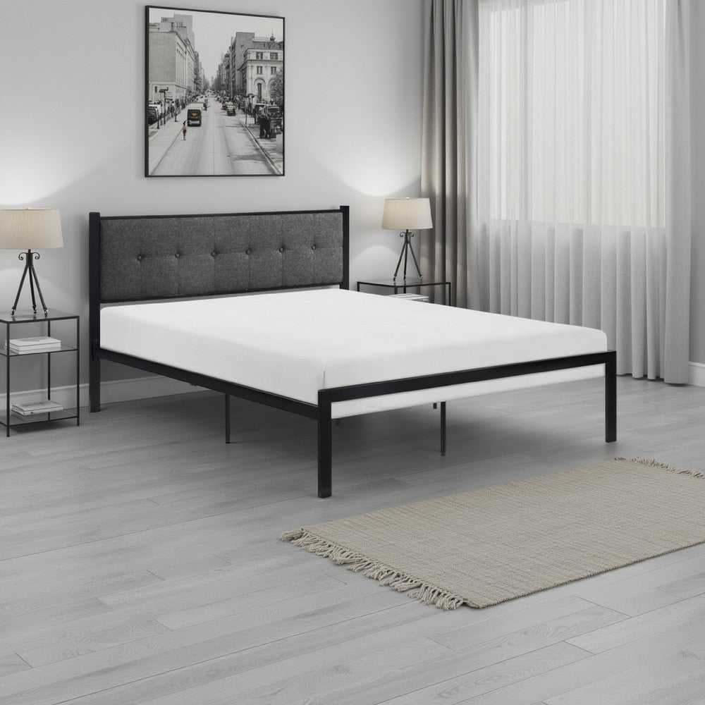 Sam Full Platform Bed, Button Black Tufted Polyester Upholstery Metal Frame - BM316836