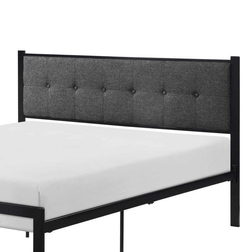 Sam Twin Platform Bed, Button Black Tufted Polyester Upholstery Metal Frame - BM316837