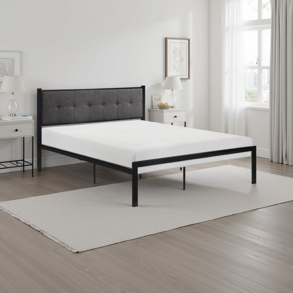 Sam Twin Platform Bed, Button Black Tufted Polyester Upholstery Metal Frame - BM316837