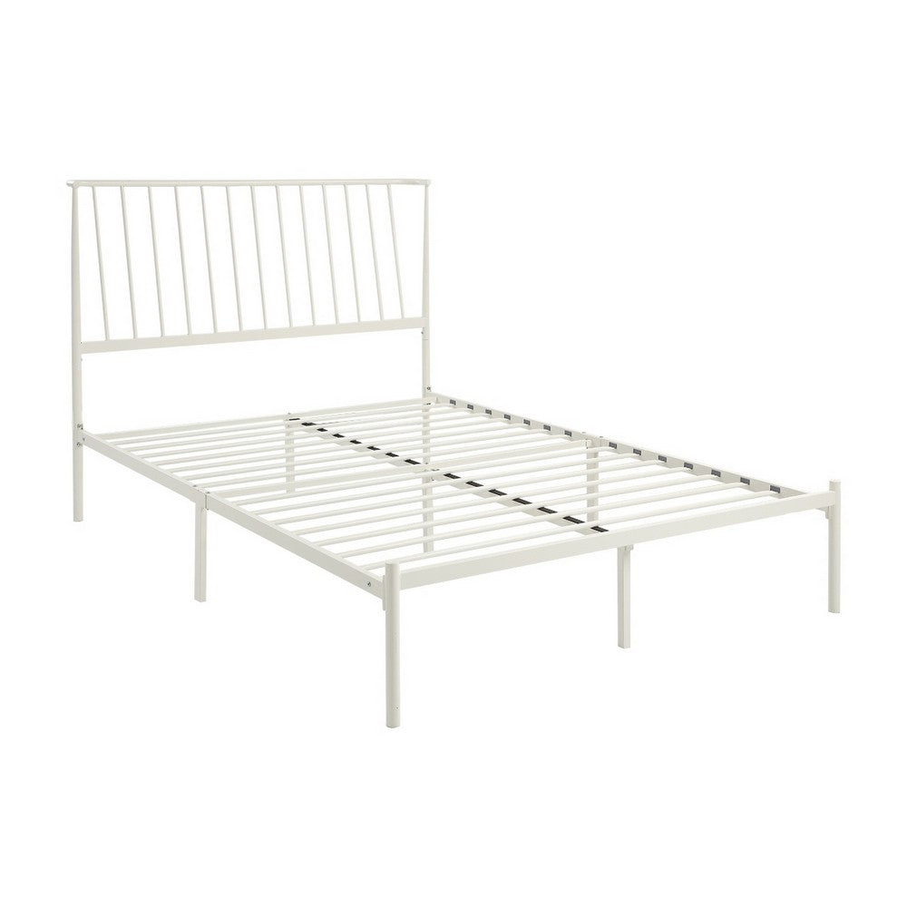 Angie Full Platform Metal Bed, Subtly Angled Slats on Headboard, White - BM316843