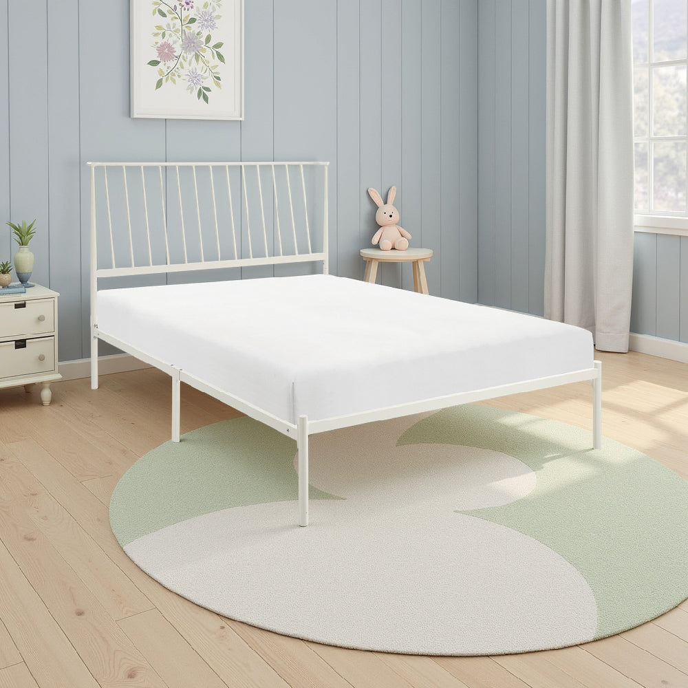 Angie Full Platform Metal Bed, Subtly Angled Slats on Headboard, White - BM316843