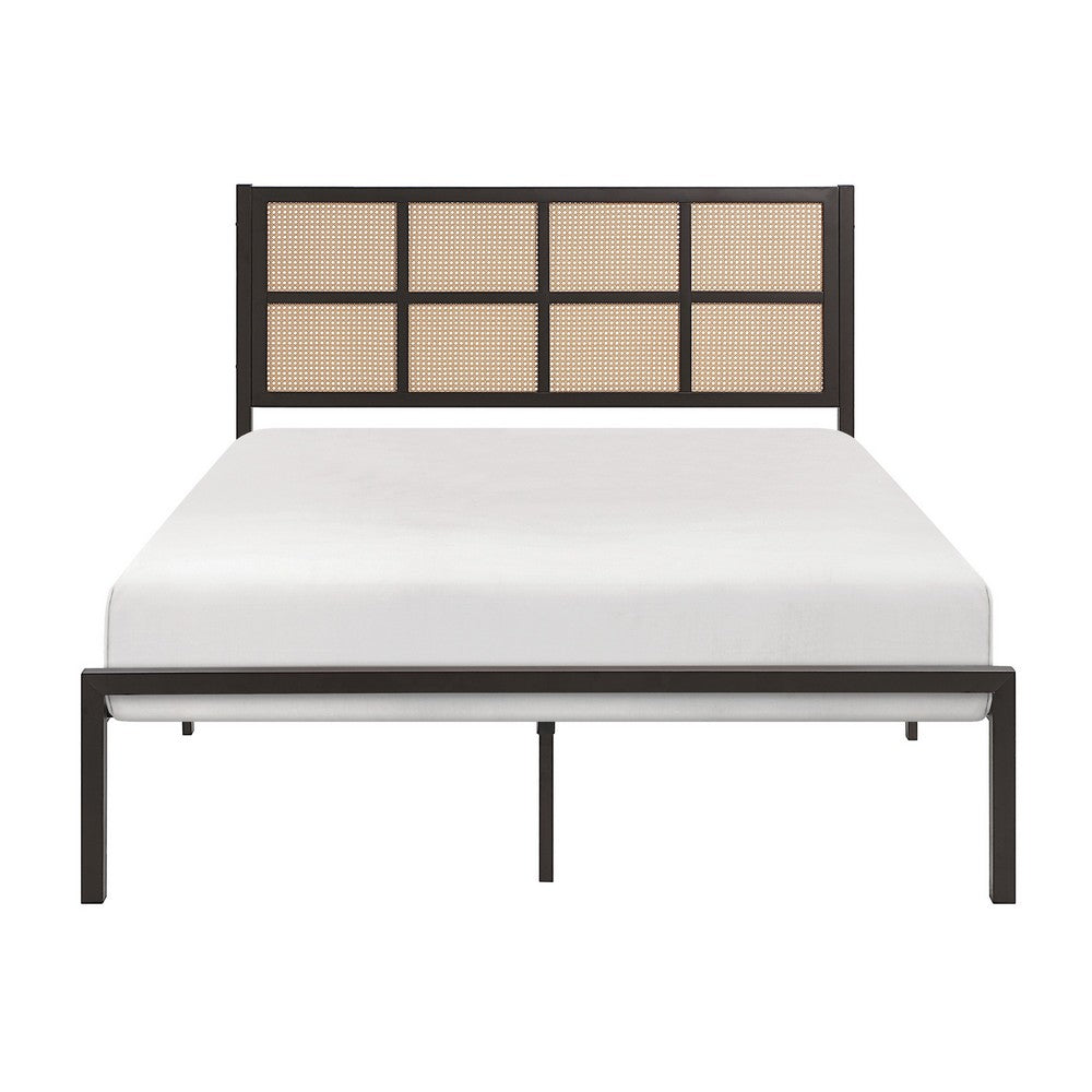 Annie Full Platform Metal Bed, Brown Faux Cane Panel Headboard, Dark Bronze - BM316846