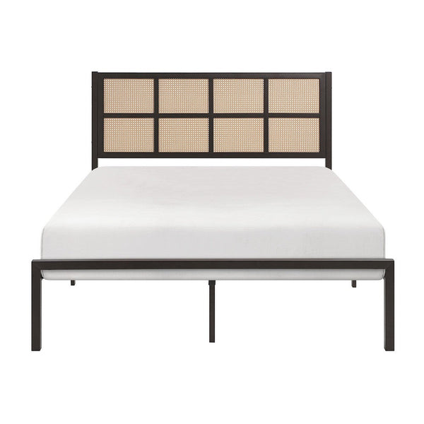 Annie Full Platform Metal Bed, Brown Faux Cane Panel Headboard, Dark Bronze - BM316846