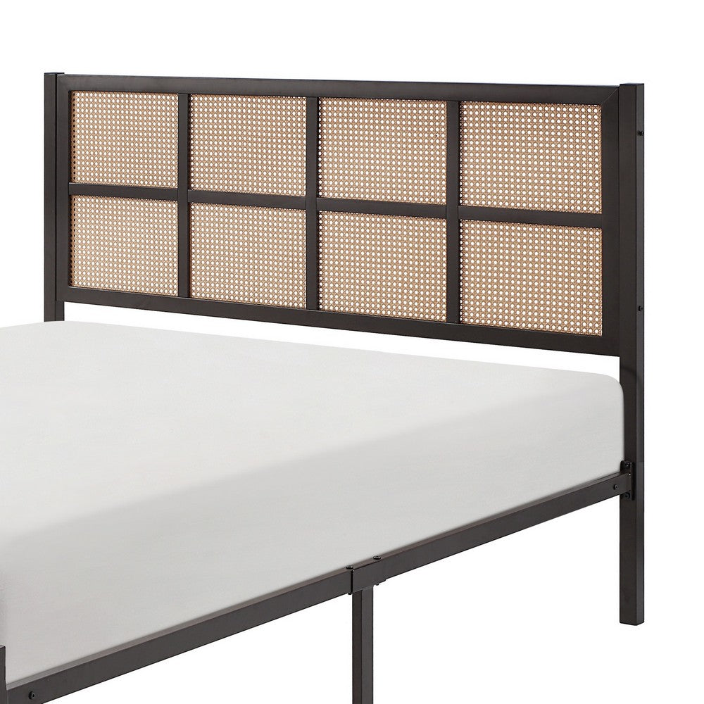 Benzara Annie King Platform Metal Bed, Brown Faux Cane Panel Headboard,  Dark Bronze - BM316847 |Benzara.com