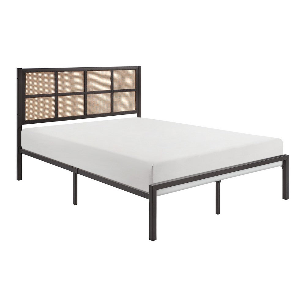 Annie King Platform Metal Bed, Brown Faux Cane Panel Headboard, Dark Bronze  - BM316847