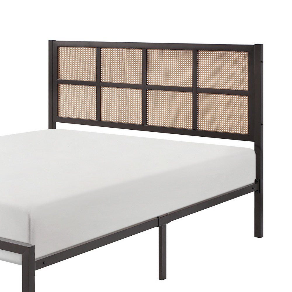 Annie Twin Platform Metal Bed, Brown Faux Cane Panel Headboard, Dark Bronze - BM316848