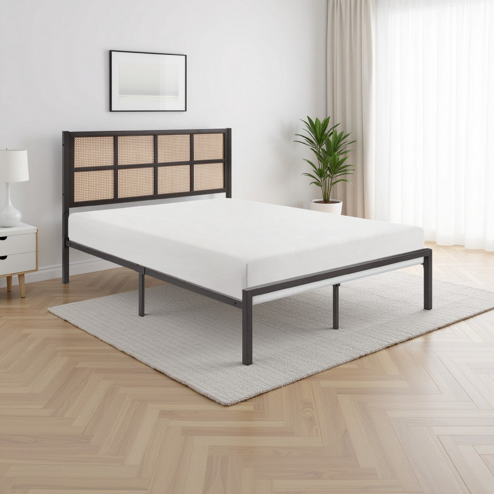 Annie Twin Platform Metal Bed, Brown Faux Cane Panel Headboard, Dark Bronze - BM316848