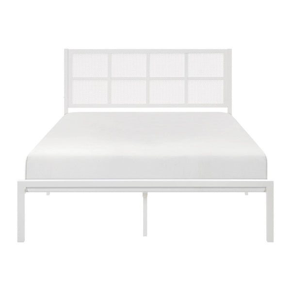 Annie Full Platform Metal Bed, White Faux Cane Panel Headboard, Low Profile - BM316849