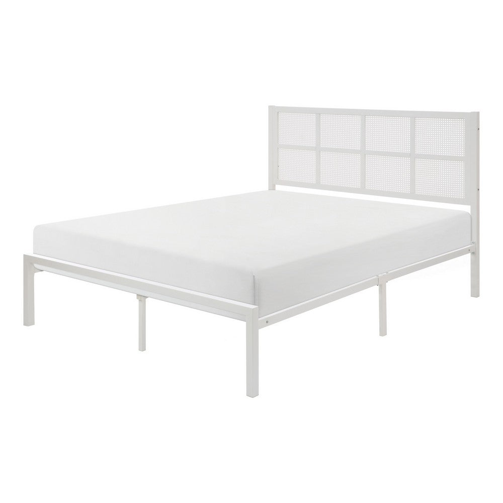 Annie Full Platform Metal Bed, White Faux Cane Panel Headboard, Low Profile - BM316849