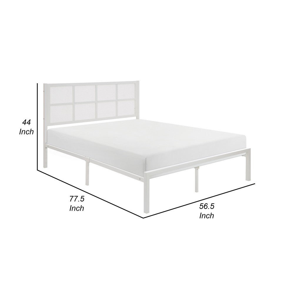 Annie Full Platform Metal Bed, White Faux Cane Panel Headboard, Low Profile - BM316849