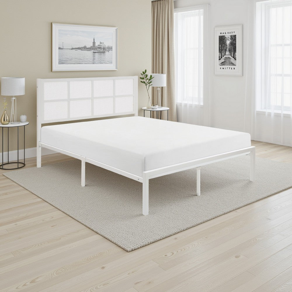 Annie Full Platform Metal Bed, White Faux Cane Panel Headboard, Low Profile - BM316849