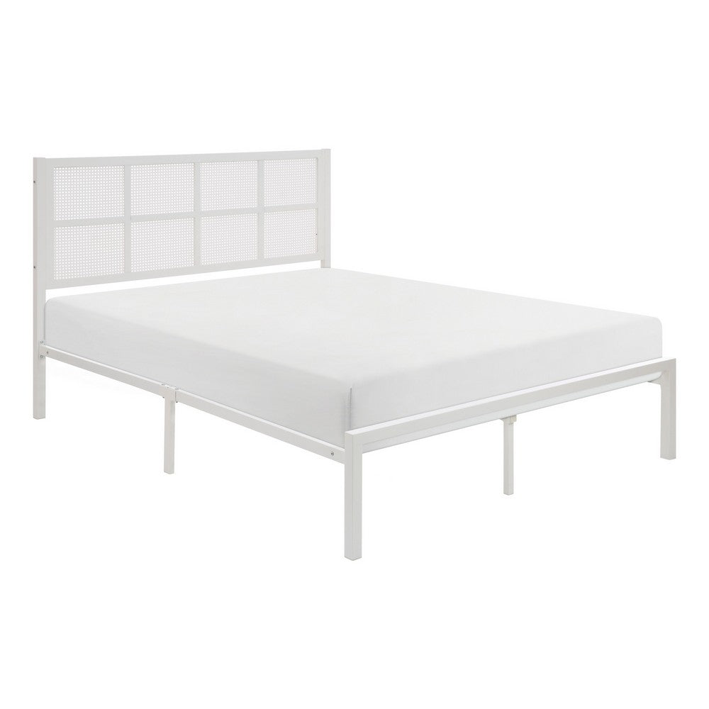 Annie Full Platform Metal Bed, White Faux Cane Panel Headboard, Low Profile - BM316849