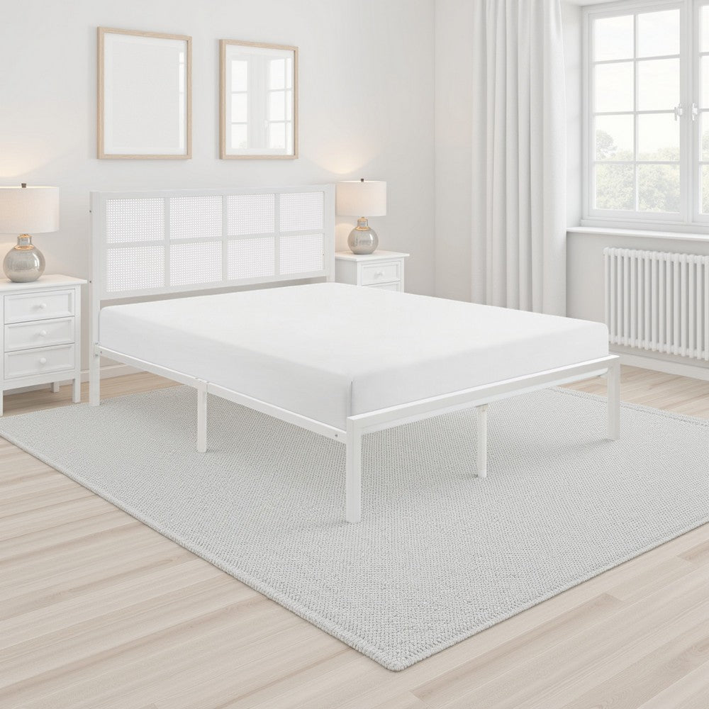 Annie King Platform Metal Bed, White Faux Cane Panel Headboard, Low Profile - BM316850