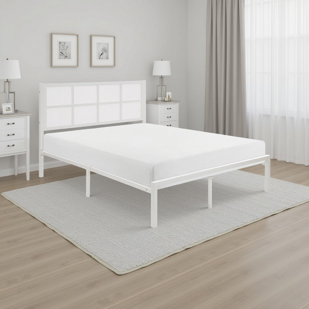 Annie Twin Platform Metal Bed, White Faux Cane Panel Headboard, Low Profile - BM316851