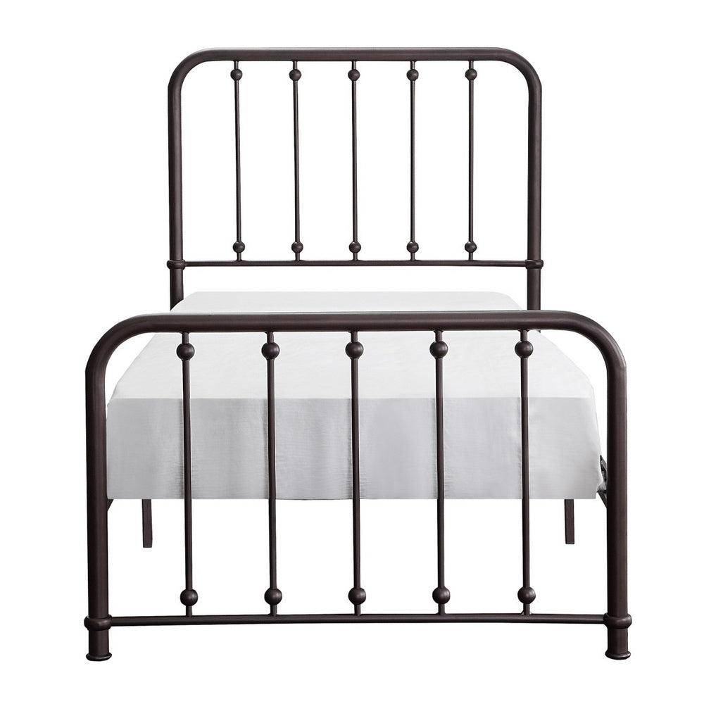 Ken Twin Size Metal Bed, Ball Accents on Vertical Slats, Antique Bronze - BM316853