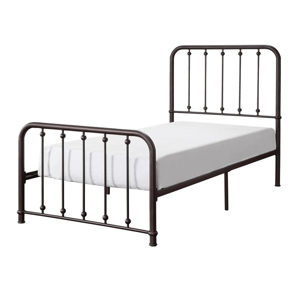 Ken Twin Size Metal Bed, Ball Accents on Vertical Slats, Antique Bronze - BM316853