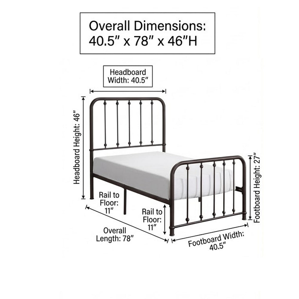 Ken Twin Size Metal Bed, Ball Accents on Vertical Slats, Antique Bronze - BM316853