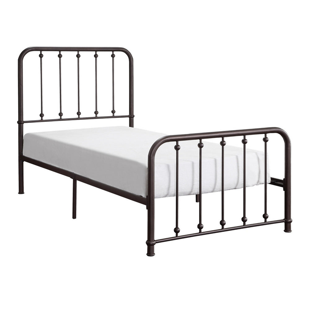Ken Twin Size Metal Bed, Ball Accents on Vertical Slats, Antique Bronze - BM316853