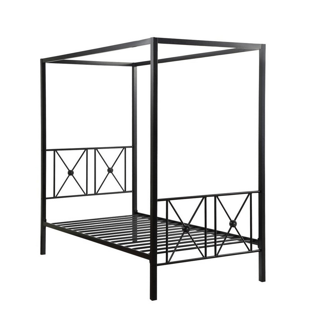 Lone Metal Canopy Bed Twin Size, Square Posts, Platform Base, Modern Black - BM316859