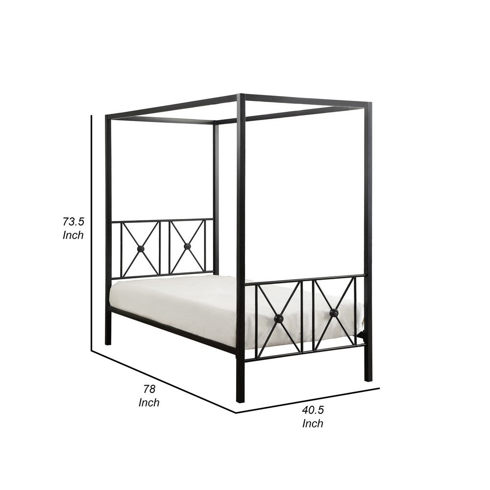 Lone Metal Canopy Bed Twin Size, Square Posts, Platform Base, Modern Black - BM316859