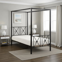 Lone Metal Canopy Bed Twin Size, Square Posts, Platform Base, Modern Black - BM316859